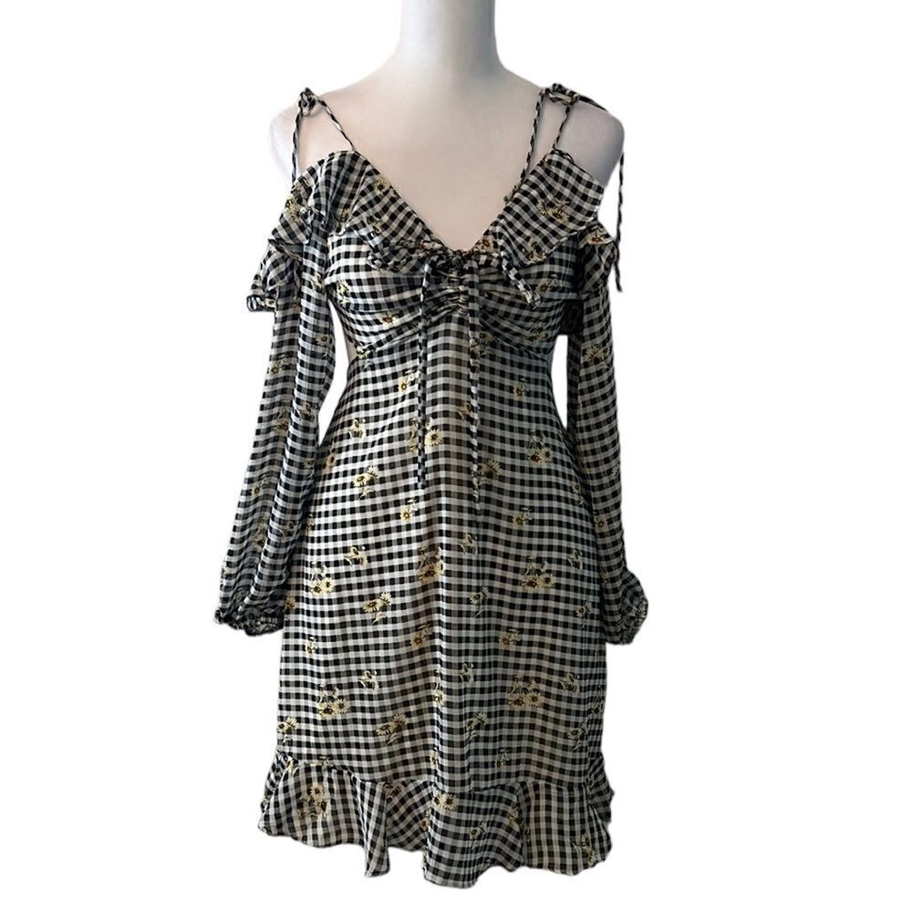 Rewind szS blk&wht checked w/flowers LS cold shoulder open back lined mini dress